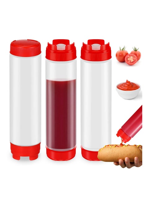 3Pcs 16oz Plastic Squeeze Bottles at Both Ends Refillable Tip Large Valve Condiment for Ketchup Sour Cream Self Sealing Syrup Dispenser for Restaurants Kitchen