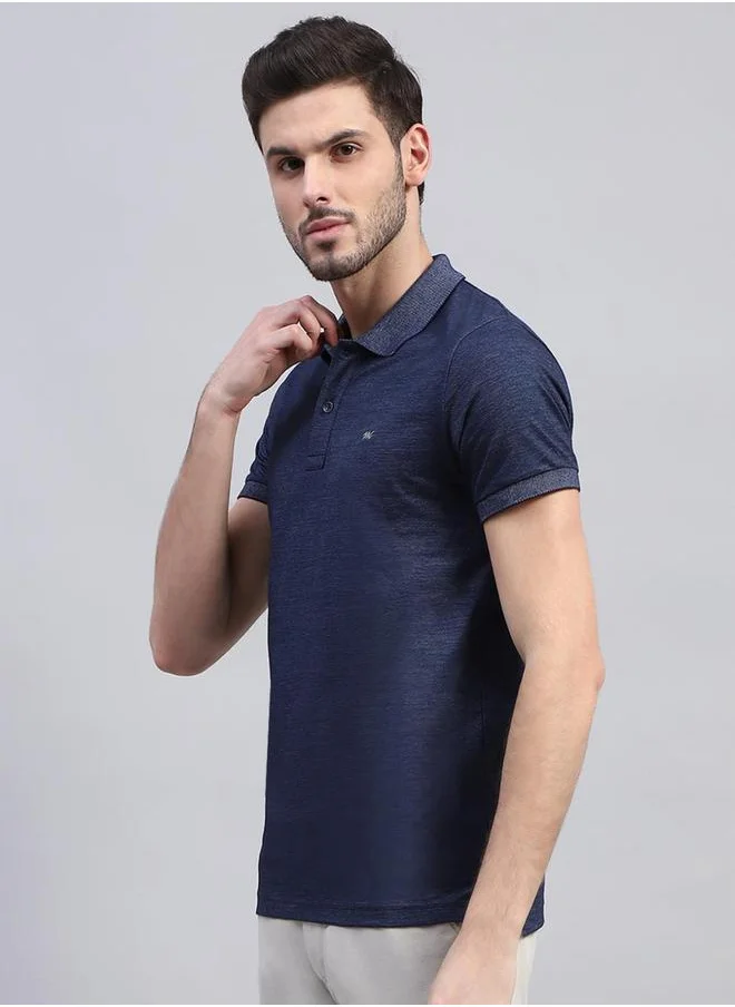 مونتي كارلو Men Blue Solid Polo Neck Half Sleeve T-Shirt by Styli