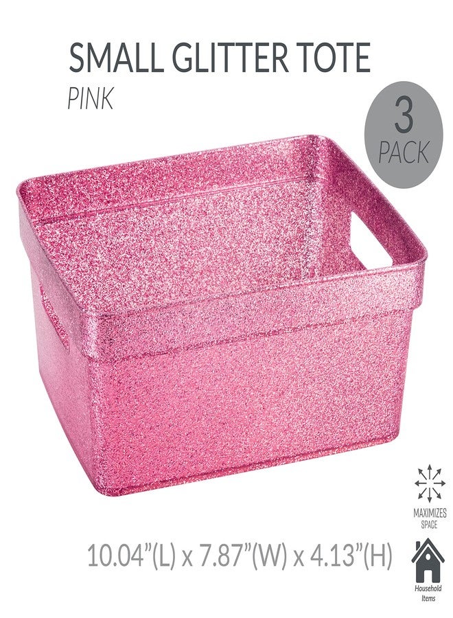 Simplify 3 Pack Small Glitter Tote Bin | Home Storage Basket | Bathroom and Office Organization | Multipurpose | Lightweight | Carrying Handles | Pink - Image 4