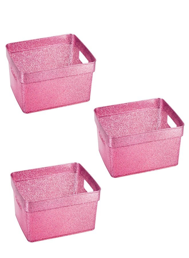 Simplify 3 Pack Small Glitter Tote Bin | Home Storage Basket | Bathroom and Office Organization | Multipurpose | Lightweight | Carrying Handles | Pink - Image 1