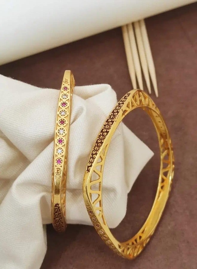 DENICRAAS Bangles for Women and Girls Royal Style Broad Golden Antique Kada Bangle Jewellery For Girls & Women | Square Women's Facny Design Gold Plated Kada Pair of 1 - Image 3