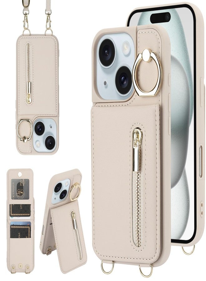 جراب محفظة كروسبودي من Jcxtrombulous لهاتف iPhone 13/14 مع حزام تعليق، وحامل للبطاقات، وتقنية حجب RFID، وحلقة تثبيت قابلة للدوران 360 درجة، وحافظة قلابة مغناطيسية بسحاب، وغطاء من الجلد الصناعي، لون بيج. - Image 1