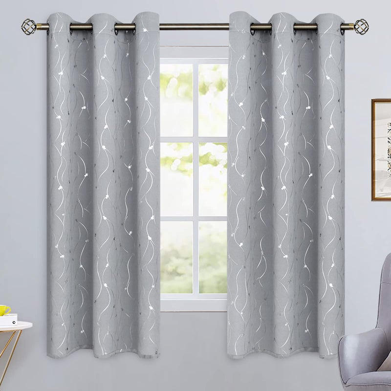 BGment Room Darkening Curtains 72 Inches Long  Grommet Thermal Insulated Blackout Curtains with Wave Line and Dots Printed for Bedroom  2 Panels  Each 42 x 72 Inch  Light Grey - Image 2