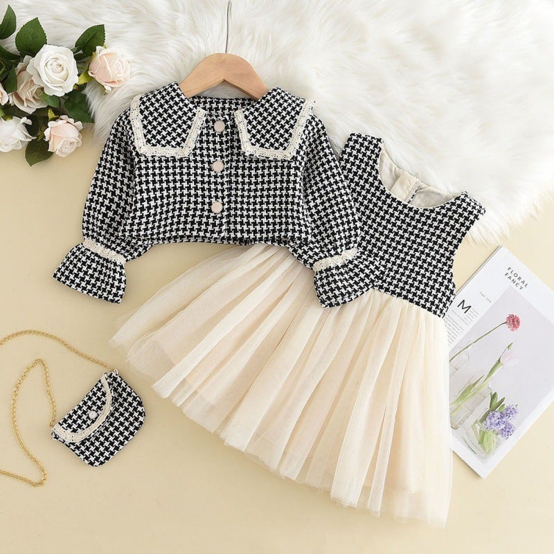 Womens Babys Houndstooth Large Lapel Jacket Vest Gauze Skirt Small Satchel Three-Piece Set Korean Style Girls Mesh suit Black