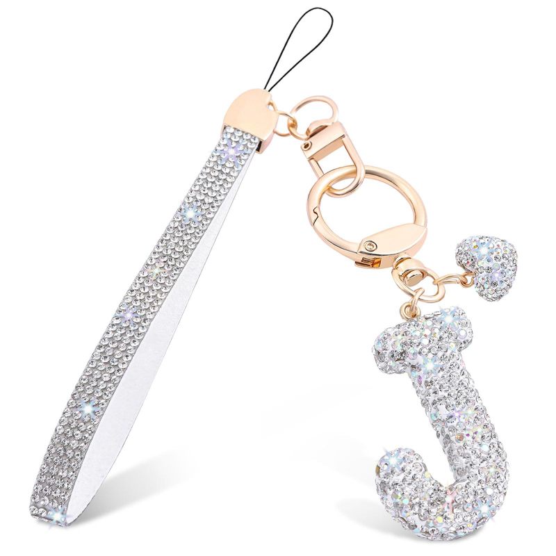 Personalized Initial Key Ring: Silver Letter J, Imitation Diamond-studded, Wrist-wearable Design - Reinforced Stable Structure, Multi-functional Accessory for Women, Girls, Daily Bag Decor & Hands-fre - Image 1