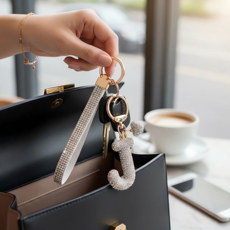 Personalized Initial Key Ring: Silver Letter J, Imitation Diamond-studded, Wrist-wearable Design - Reinforced Stable Structure, Multi-functional Accessory for Women, Girls, Daily Bag Decor & Hands-fre - Image 3
