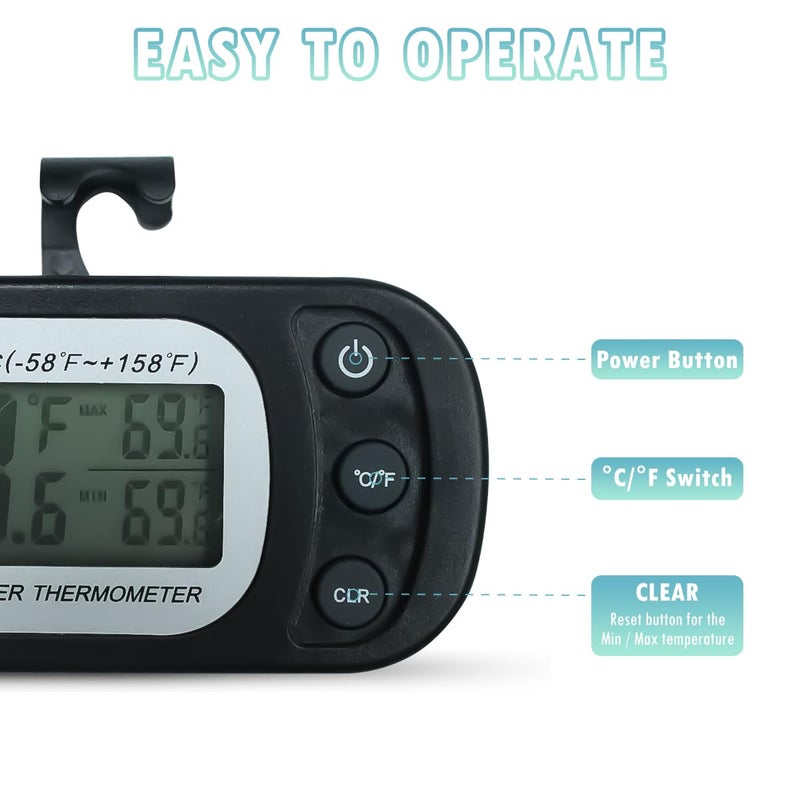 OneNine Refrigerator Thermometer, 2pcs Waterproof Digital Freezer Room Thermometer With Max/Min Record Function, Large LCD Display and Magnetic Back for Kitchen, Home, Restaurants - Image 4