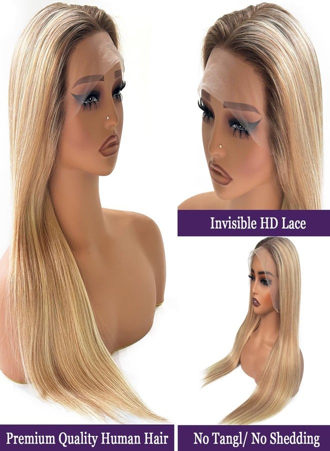 Ubetta Blonde Highlights Wig Human Hair, 13x4 Lace Front Wigs Human Hair Pre Plucked Ombre Brown Balayage Golden Blonde Mixed Blonde Highlights HD Lace Frontal Wigs for White Women 16 Inch 180% Density - Image 2