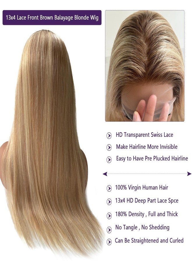 Ubetta Blonde Highlights Wig Human Hair, 13x4 Lace Front Wigs Human Hair Pre Plucked Ombre Brown Balayage Golden Blonde Mixed Blonde Highlights HD Lace Frontal Wigs for White Women 16 Inch 180% Density - Image 4