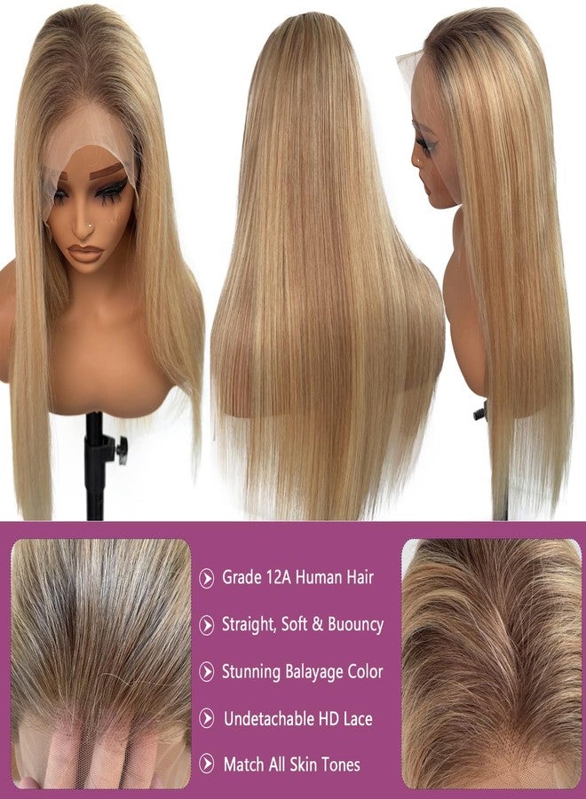 Ubetta Blonde Highlights Wig Human Hair, 13x4 Lace Front Wigs Human Hair Pre Plucked Ombre Brown Balayage Golden Blonde Mixed Blonde Highlights HD Lace Frontal Wigs for White Women 16 Inch 180% Density - Image 3