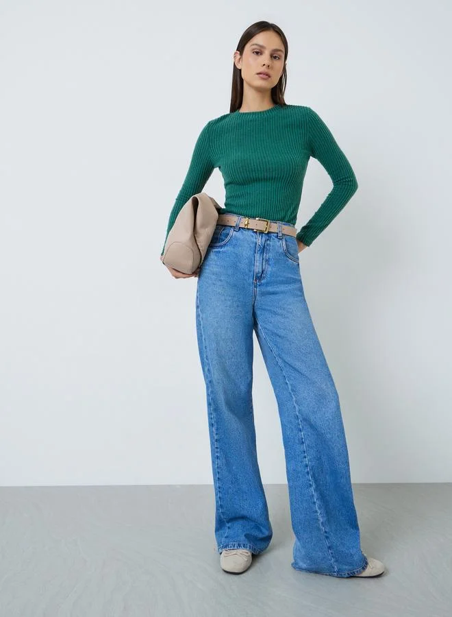 Styli Dark Green Ribbed Knit Long Sleeve Top
