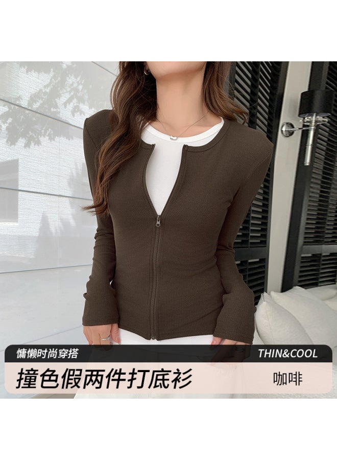 550 Zipper Fake Two-piece Tops For Women In Early Autumn With Slim T-shirts Stripesd Niche Design Autumn And Winter Long-sleeved Bottoming Shirts