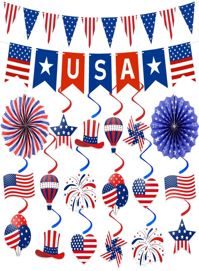 Labrostar 4th of July Decorations Patriotic Decorations USA Banner Paper Fans Pennant Hanging Swirl Fourth of July Independence Veterans Labor Presidents Flag Memorial Day Red White and Blue Decorations - Image 1