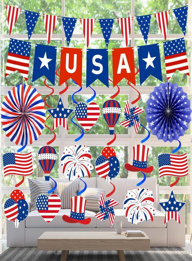 Labrostar 4th of July Decorations Patriotic Decorations USA Banner Paper Fans Pennant Hanging Swirl Fourth of July Independence Veterans Labor Presidents Flag Memorial Day Red White and Blue Decorations - Image 2
