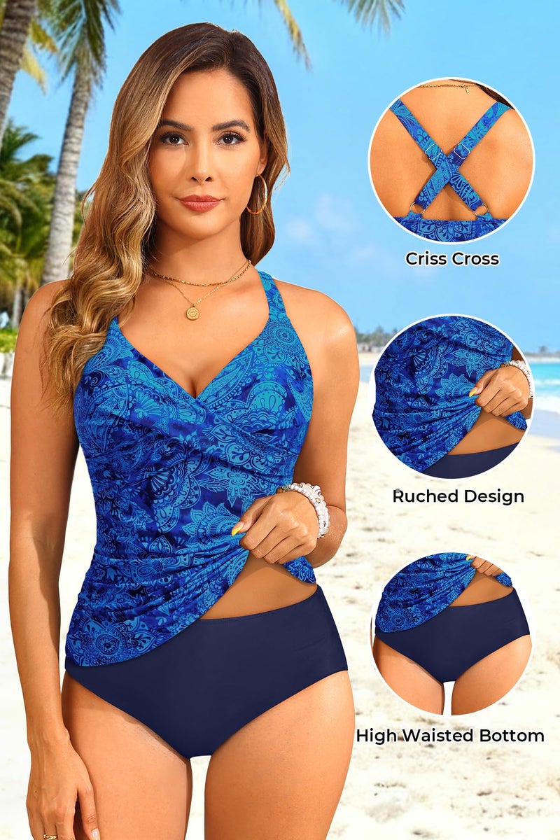 Tempt Me Women Tummy Control Tankini Swimsuit - Blue Paisley Ruched Two Piece Bathing Suits Underwire V Neck Swimwear with Bottom 2026 L - Image 4