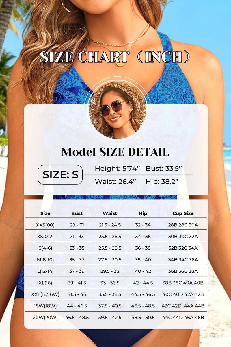 Tempt Me Women Tummy Control Tankini Swimsuit - Blue Paisley Ruched Two Piece Bathing Suits Underwire V Neck Swimwear with Bottom 2026 L - Image 5