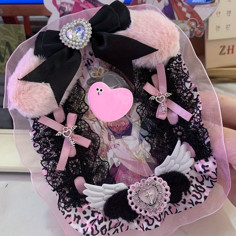 Pink Black Handmade Card Storage Clip Star Photo Display Ornaments Plush Backpack Pendants - Image 5