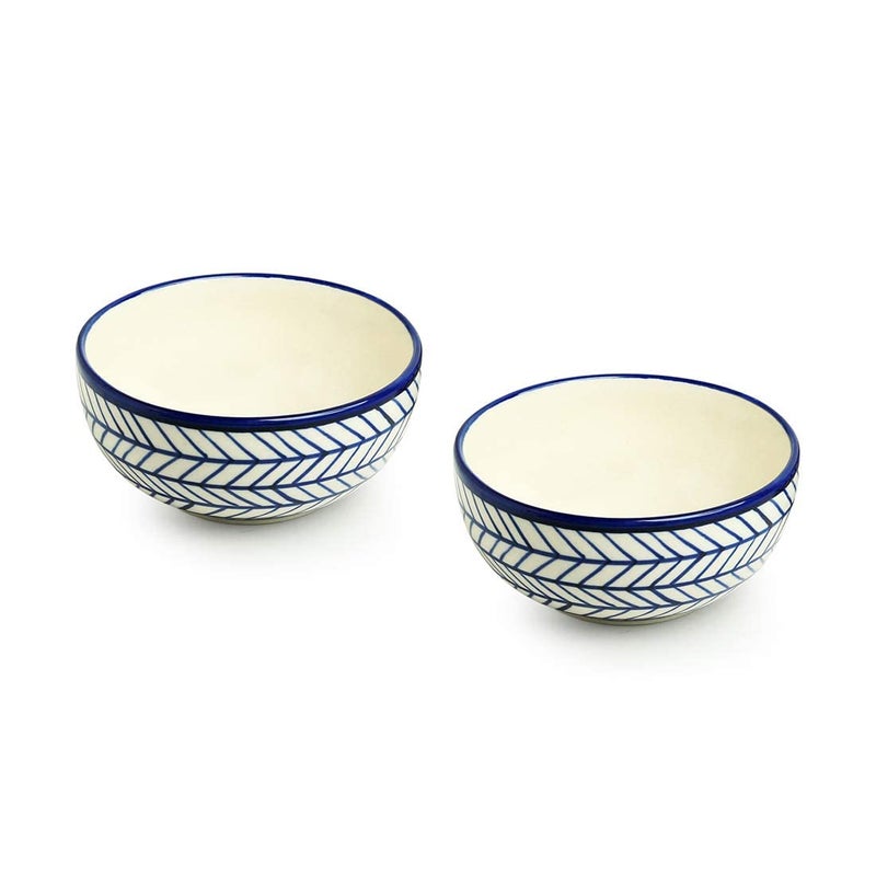 Caffeine Ceramic Handmade Blue Chevron Dinner Set, 1 Ceramic Dinner Plate & 2 Katori Bowl (3 Pieces) Microwave Safe & Dishwasher Safe - Image 3