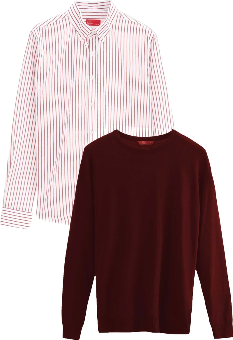 D'S DAMAT D'S Groom Ds Groom Slim Fit Claret Red Cotton Blend 2-Piece Crew Neck Shirt and Sweater