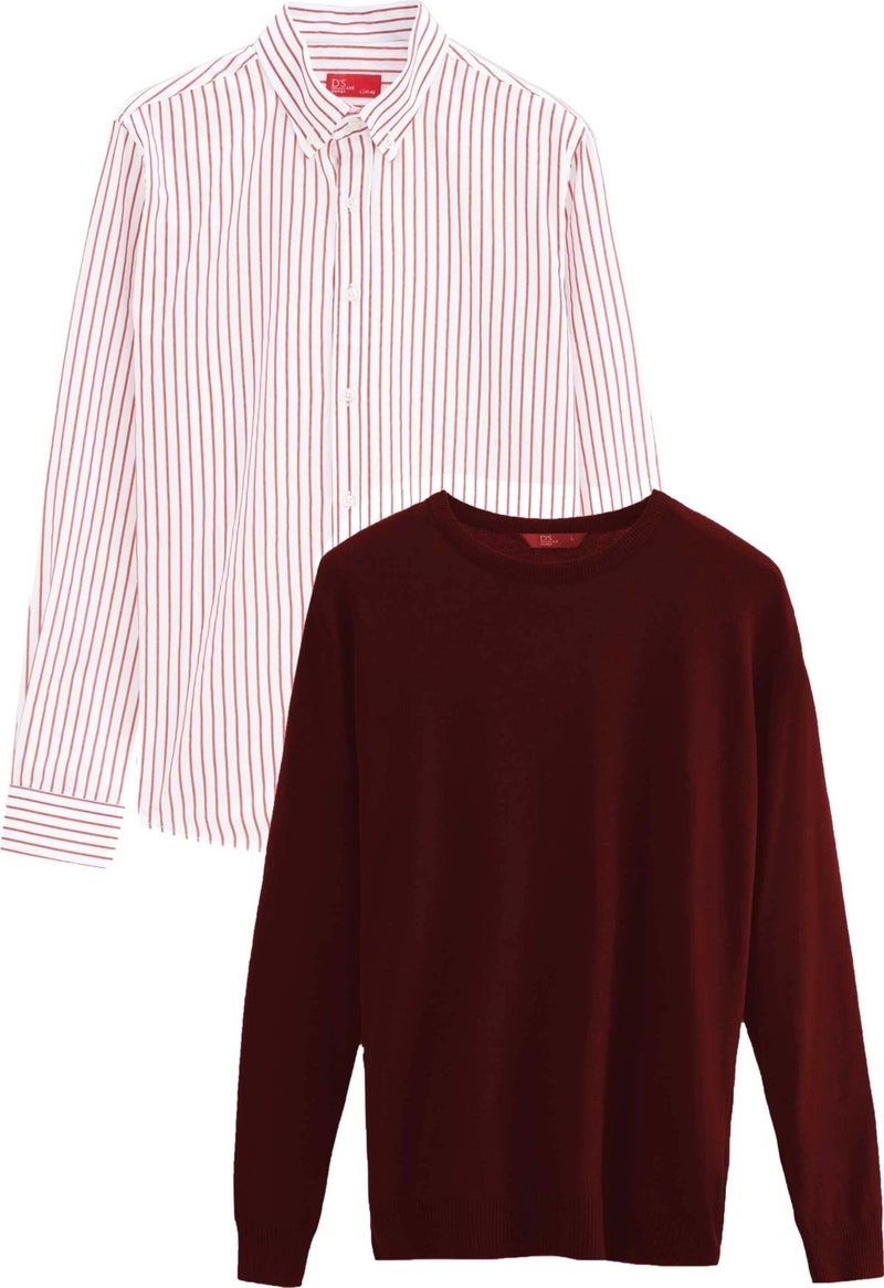 D'S DAMAT D'S Groom Ds Groom Slim Fit Claret Red Cotton Blend 2-Piece Crew Neck Shirt and Sweater - Image 1