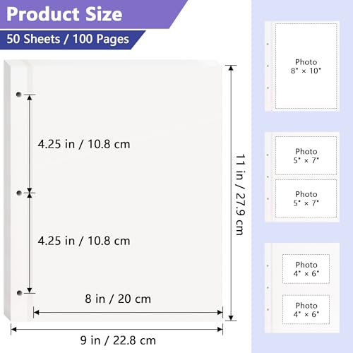 Remowith Photo Album Refill Pages for 3 Ring Binder, 50 Sheets/100 Pages Self Adhesive Scrapbook Papers, Letter Size Photo Album Inner Pages Fit 2x3 4x6 5x7 8x10 Photos Stamps Recipe Cards - Image 2