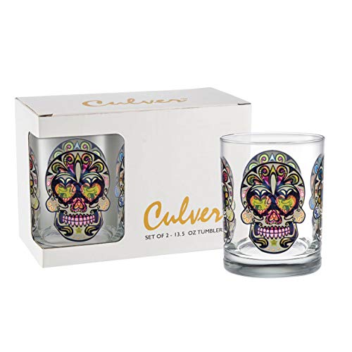 Culver Festive Sugar Skulls Decorated Double Old Fashioned Tumbler Glasses, 13.5-Ounce, Gift Boxed Set of 2 (Clear) - Image 5
