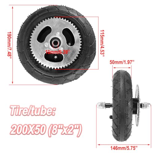 Cylemoto 200X50 Premium Rear Wheel 8"x2" Tire Assembly Chain Sprocket for Chain Drive Razor E200 (Versions 36+) Crazy Cart DLX Dune Buggy ePunk PowerRider eSpark Electric Scooter Drifting Cart - Image 3