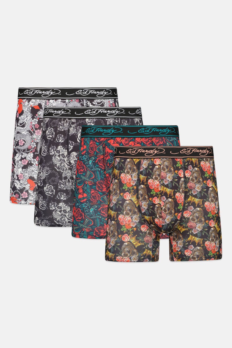 Ed Hardy Men 4Pcs Allover Print Boxer Briefs, Black Combo - Image 1