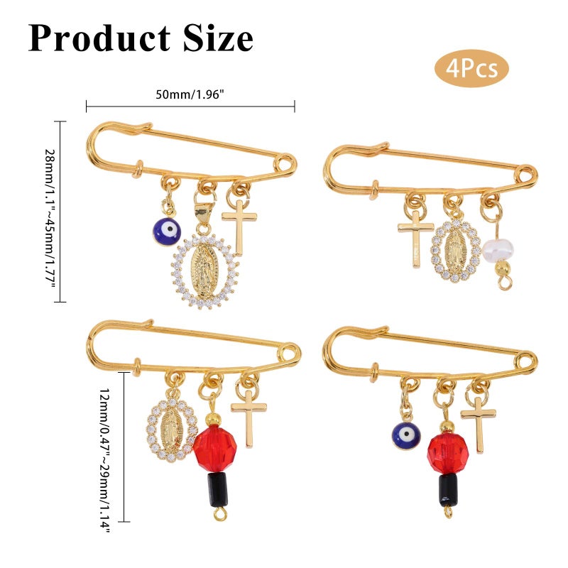 CHGCRAFT 4Pcs Evil Eye Safety Pin Gold Plated Brooch Pin with Cross Pendant Evil Eye Brooch for Backpack Clothing Badges - Image 2