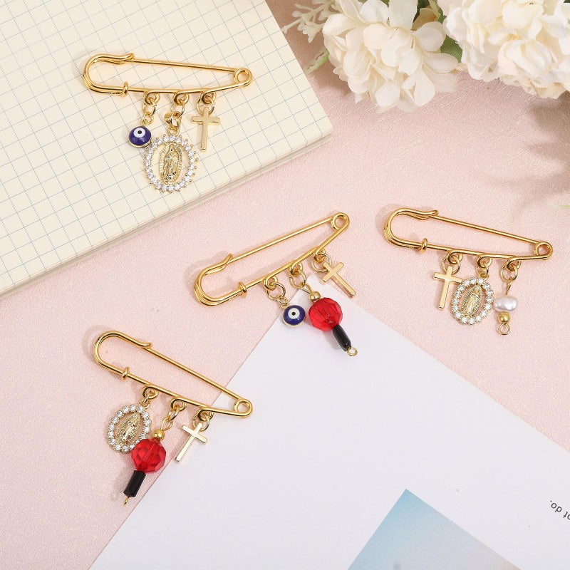 CHGCRAFT 4Pcs Evil Eye Safety Pin Gold Plated Brooch Pin with Cross Pendant Evil Eye Brooch for Backpack Clothing Badges - Image 4