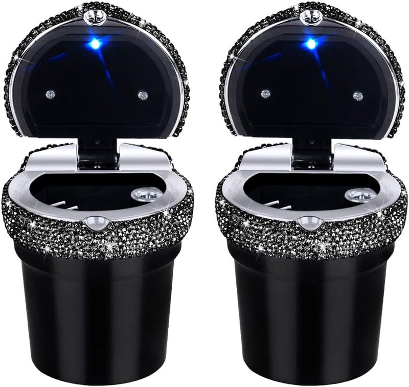 eing Car Ashtray Portable Cigarette Smokeless Cylinder Cup Holder with Blue LED Light Indicator and 2 Replacement Batteries,Car Accessories for Women,Ideal for Car,Home and Office,2-Pack Black+Black - Image 1