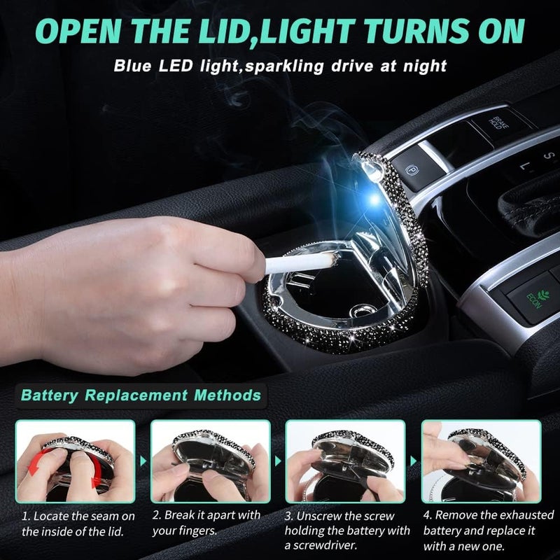 eing Car Ashtray Portable Cigarette Smokeless Cylinder Cup Holder with Blue LED Light Indicator and 2 Replacement Batteries,Car Accessories for Women,Ideal for Car,Home and Office,2-Pack Black+Black - Image 2