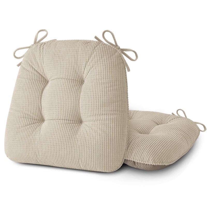 ELFJOY Dining Chair Cushions Set of 2 Thick Non Slip Kitchen Chair Pads with Ties Comfortable Indoor Kitchen Seat Cushions 18" x 18" x 3" Beige - Image 1