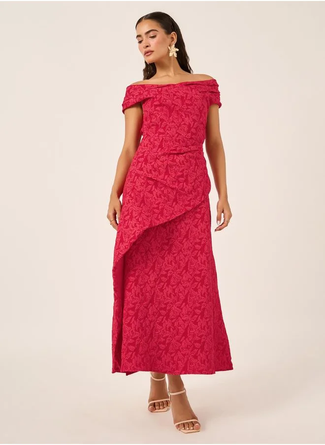 ستايلي Styli Textured Lace Off Shoulder Neck Sheath Maxi Dress