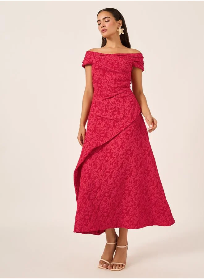 ستايلي Styli Textured Lace Off Shoulder Neck Sheath Maxi Dress