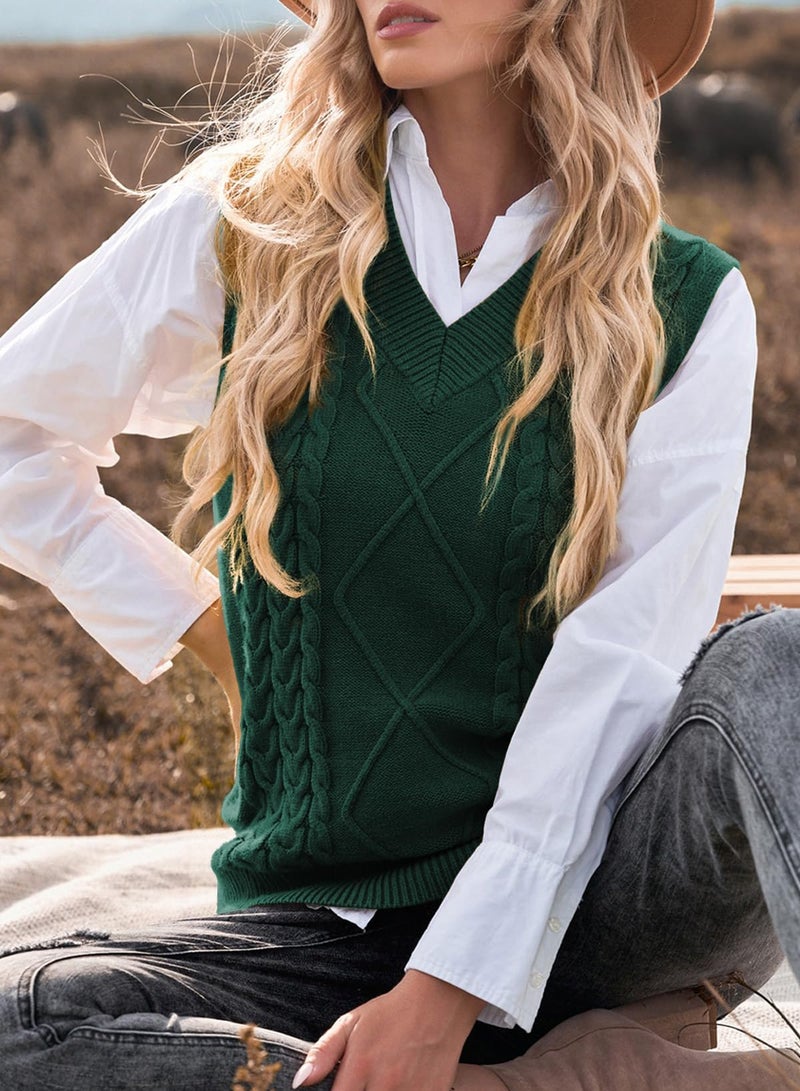 EVALESS Womens Oversized Sweater Vest V Neck Green Sleeveless Pullover Sweaters for Women Cable Knit Solid Color Tops Loose Casual Soft Sweater X-Large - Image 3