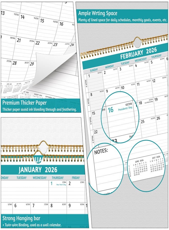 BowCuk 2026 Wall Calendar - 2026 Calendar, Jan 2026 - Dec 2026, 14.57 x 11.42 In, 12 Monthly Calendar 2026 with Thick Paper, Large Ruled Blocks ＆ Notes, Week’s Number, Holidays, Yearly Overview - Image 4