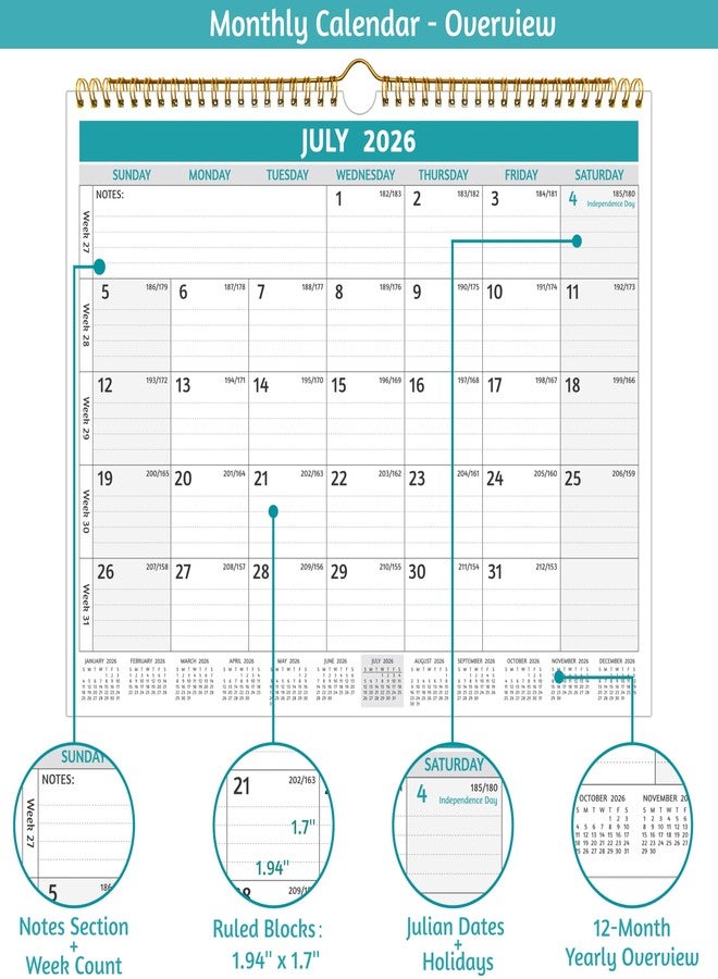 BowCuk 2026 Wall Calendar - 2026 Calendar, Jan 2026 - Dec 2026, 14.57 x 11.42 In, 12 Monthly Calendar 2026 with Thick Paper, Large Ruled Blocks ＆ Notes, Week’s Number, Holidays, Yearly Overview - Image 3