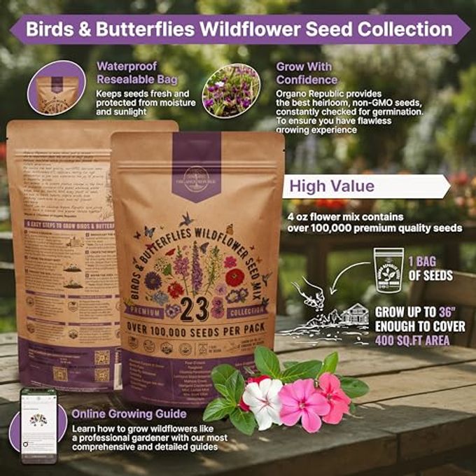 Organo Republic 23 Wildflower Seeds Annual & Perennial Mix For Indoor & Outdoors, Attract Birds & Butterflies 100,000+ Non-Gmo, Heirloom Garden Seeds, 4Oz Packet For Growing Wild Flowers - Image 2