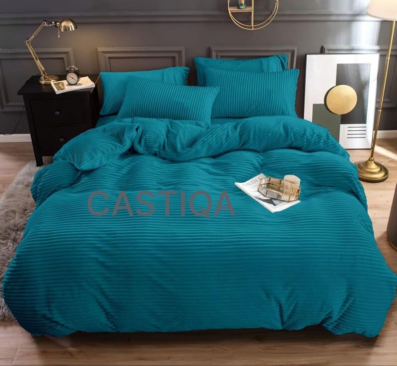 Castiqa Flannel Velvet Warm Fabric King Size Elastic Fitted Bedsheet 72x78 inch Perfect Upto 8 Inch Mattress with 2 Pillow Covers (Teal Blue) - Image 5