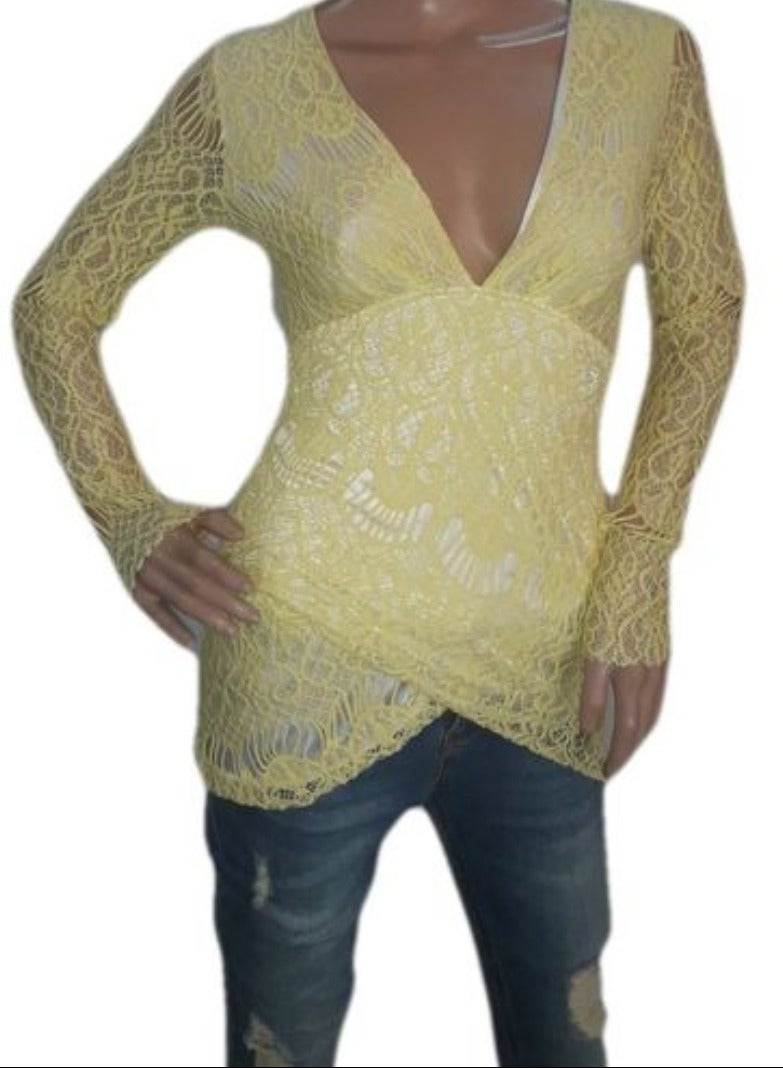 Women lace v neck blouse top yellow summer