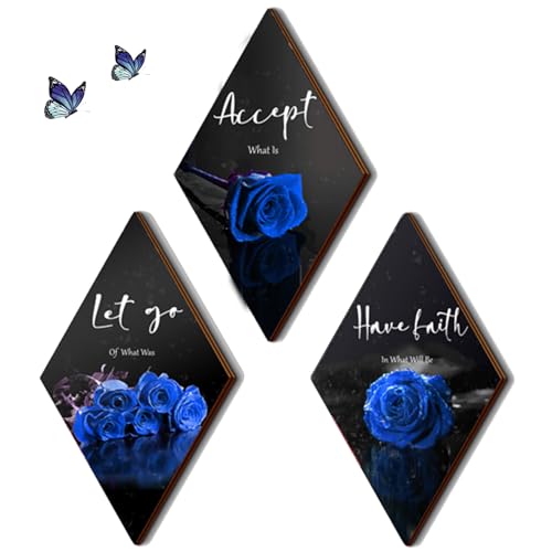 ZINYAZHE 3 Pcs Blue Bathroom Decor Rose Bedroom Wall Decor Farmhouse Inspirational Wood Office Wall Art with Accept Let Go Have Faith Sign for Girl Women Living Room(Blue Rose 12 x 7 Inch) - Image 1