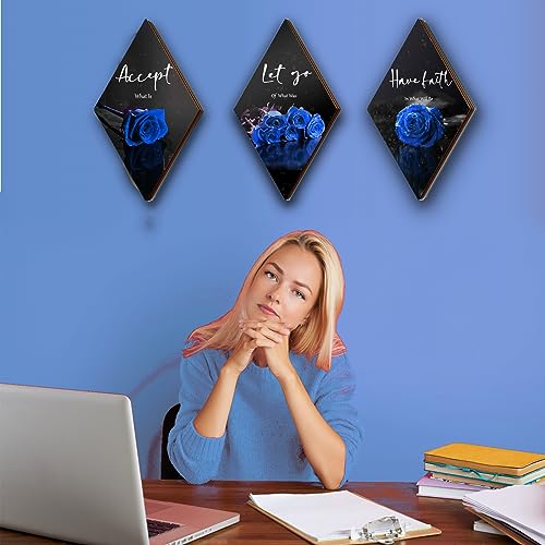 ZINYAZHE 3 Pcs Blue Bathroom Decor Rose Bedroom Wall Decor Farmhouse Inspirational Wood Office Wall Art with Accept Let Go Have Faith Sign for Girl Women Living Room(Blue Rose 12 x 7 Inch) - Image 5