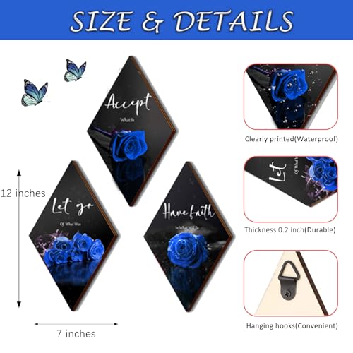 ZINYAZHE 3 Pcs Blue Bathroom Decor Rose Bedroom Wall Decor Farmhouse Inspirational Wood Office Wall Art with Accept Let Go Have Faith Sign for Girl Women Living Room(Blue Rose 12 x 7 Inch) - Image 3