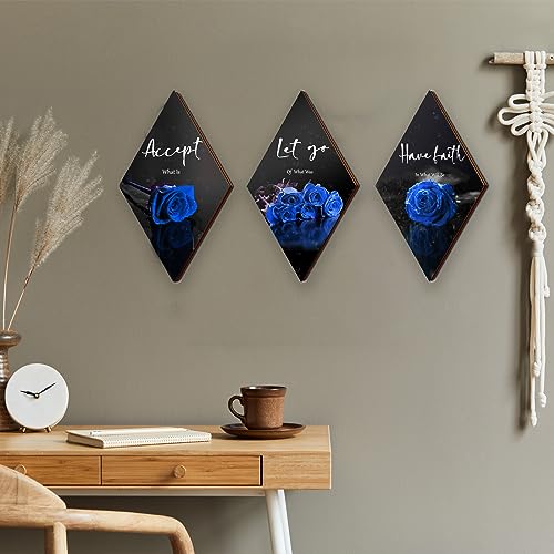 ZINYAZHE 3 Pcs Blue Bathroom Decor Rose Bedroom Wall Decor Farmhouse Inspirational Wood Office Wall Art with Accept Let Go Have Faith Sign for Girl Women Living Room(Blue Rose 12 x 7 Inch) - Image 2