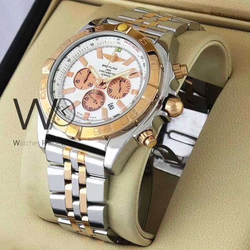 Breitling Chronograph White Watch for Men with Silver and Rose gold Stainless steel strap