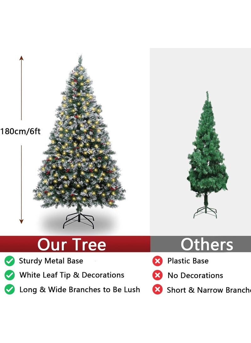 VTERLY Artificial Christmas Tree, 6ft/180cm Snow Christmas Trees with 1000 Tips, Red Berries, 200 Lights, Indoor Holiday Festival Decoration - Image 3