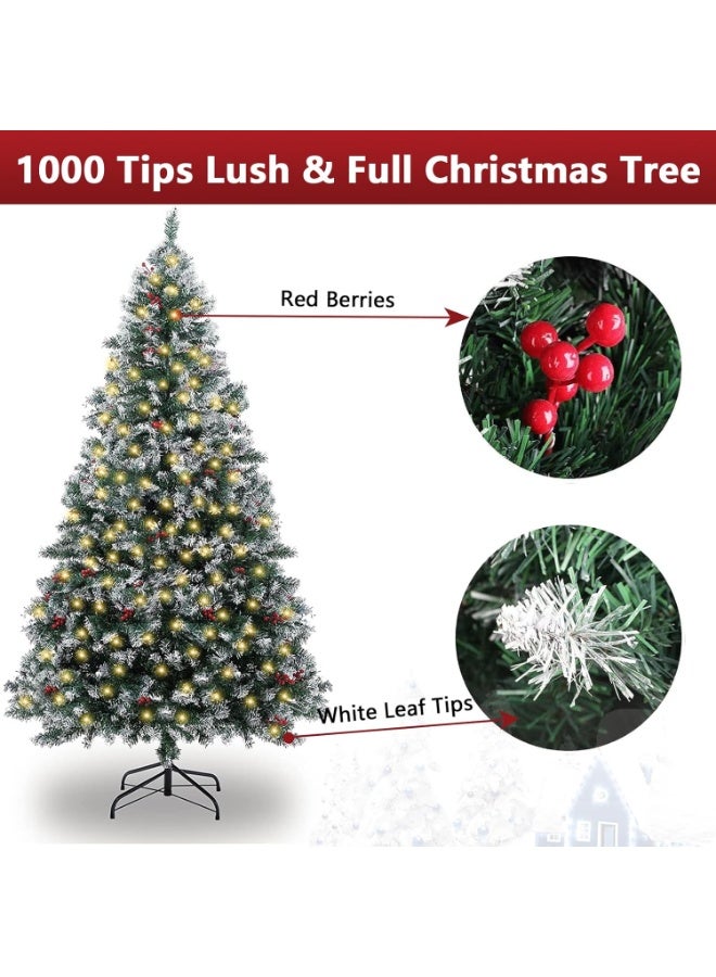 VTERLY Artificial Christmas Tree, 6ft/180cm Snow Christmas Trees with 1000 Tips, Red Berries, 200 Lights, Indoor Holiday Festival Decoration - Image 4