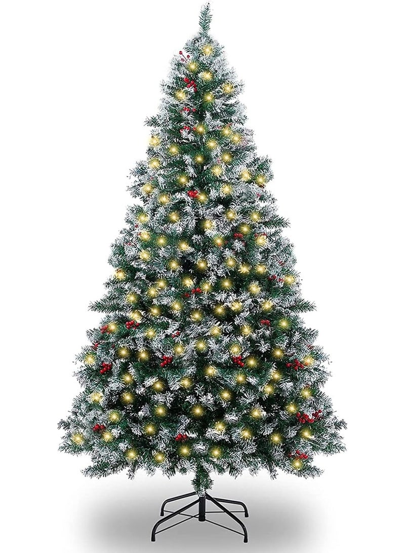VTERLY Artificial Christmas Tree, 6ft/180cm Snow Christmas Trees with 1000 Tips, Red Berries, 200 Lights, Indoor Holiday Festival Decoration - Image 1