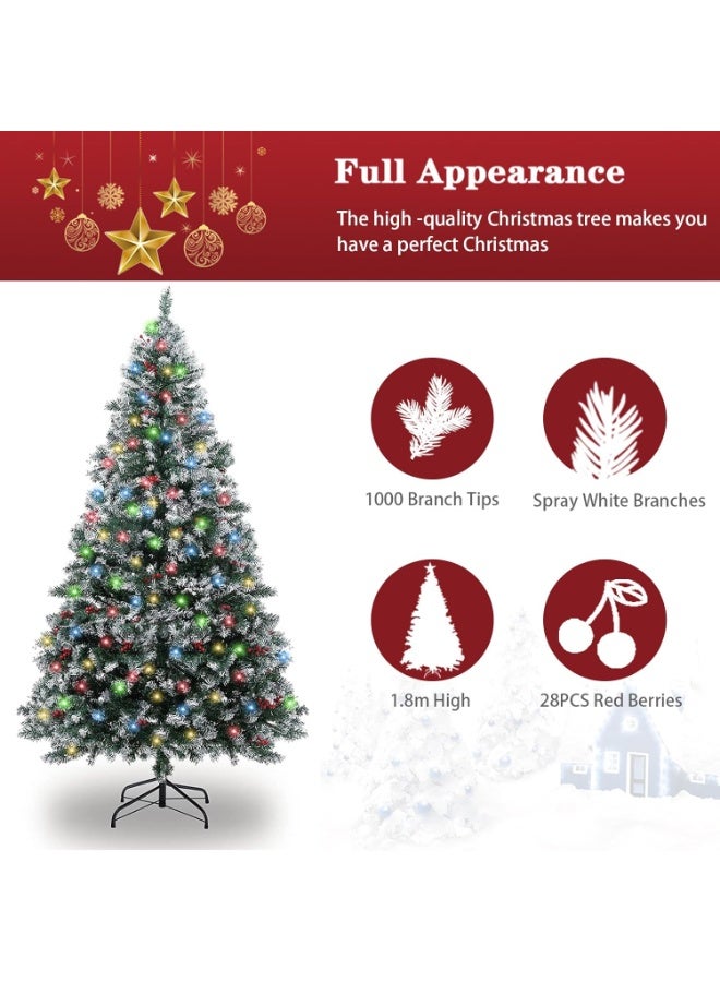 VTERLY Artificial Christmas Tree, 6ft/180cm Snow Christmas Trees with 1000 Tips, Red Berries, 200 Lights, Indoor Holiday Festival Decoration - Image 5